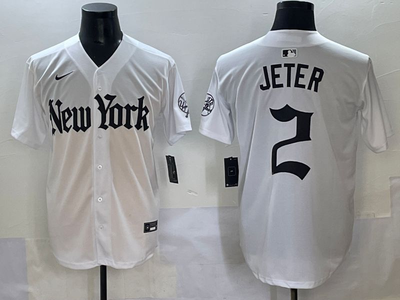 Men 2025 New York Yankees #2 Jeter White Five generations Joint Name Nike MLB Jersey style 1